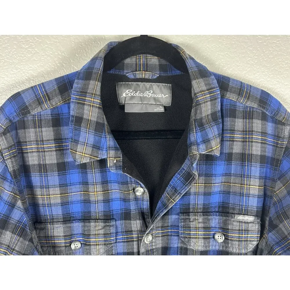 Eddie Bauer Shacket Men's Plaid Fleece Lined Flannel Gorpcore Blue Tall Large TL